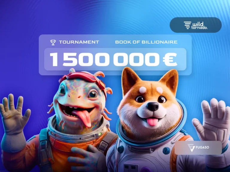 Fugaso Book of Billionaire slot tournament banner with WildTornado logo and €1.5M prize pool