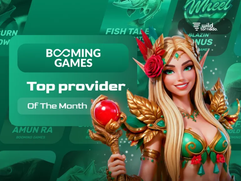 Booming Games featured as WildTornado's Top Provider of July 2026 with colorful online slot machines and casino-themed graphics